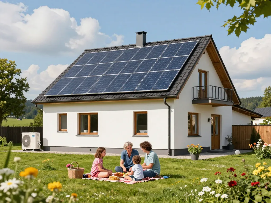 Photovoltaik Bayern: Familie genießt nachhaltiges Leben mit Solarpanels und Wärmepumpe in einer sonnigen bayerischen Landschaft.