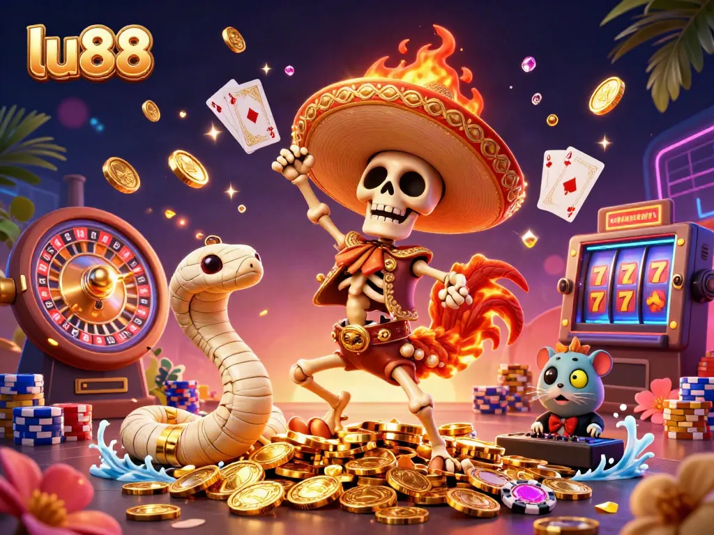 Experience winning moments at lu88 with a lively casino scene featuring vibrant characters and game elements.