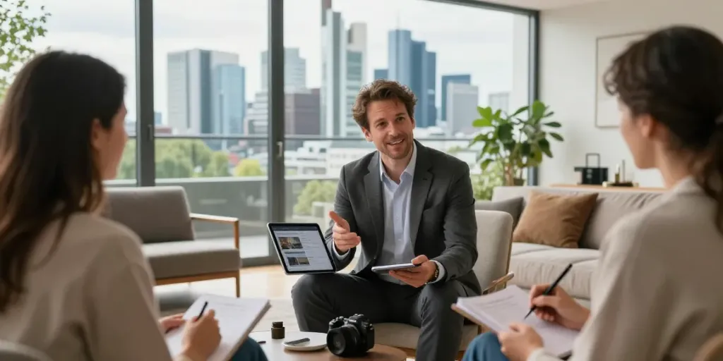 Bester Immobilienmakler Frankfurt zeigt moderne Wohnung mit Skyline und Kunden bei Besichtigung.