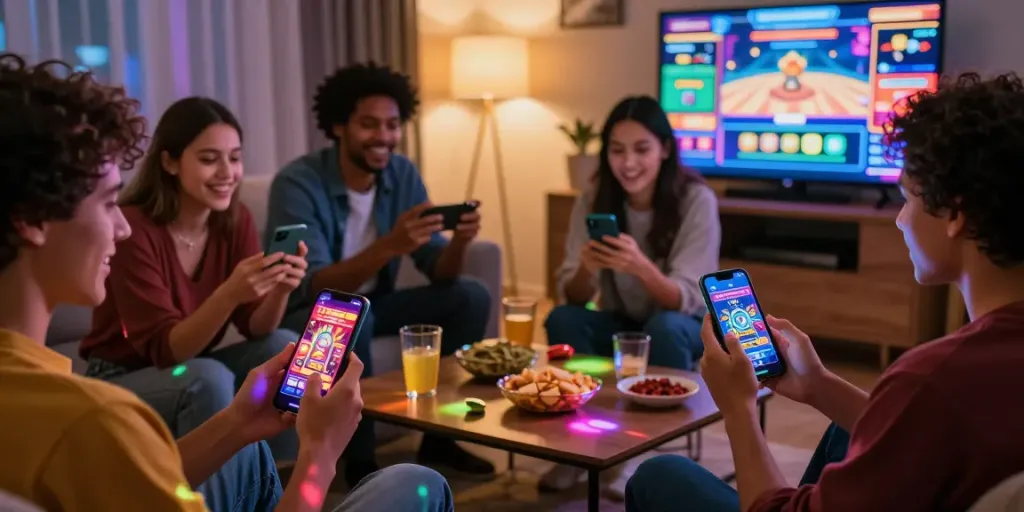 Freunde spielen mobile Casino-Spiele im Vergleich zu Anbietern in einer modernen Wohnzimmerumgebung.