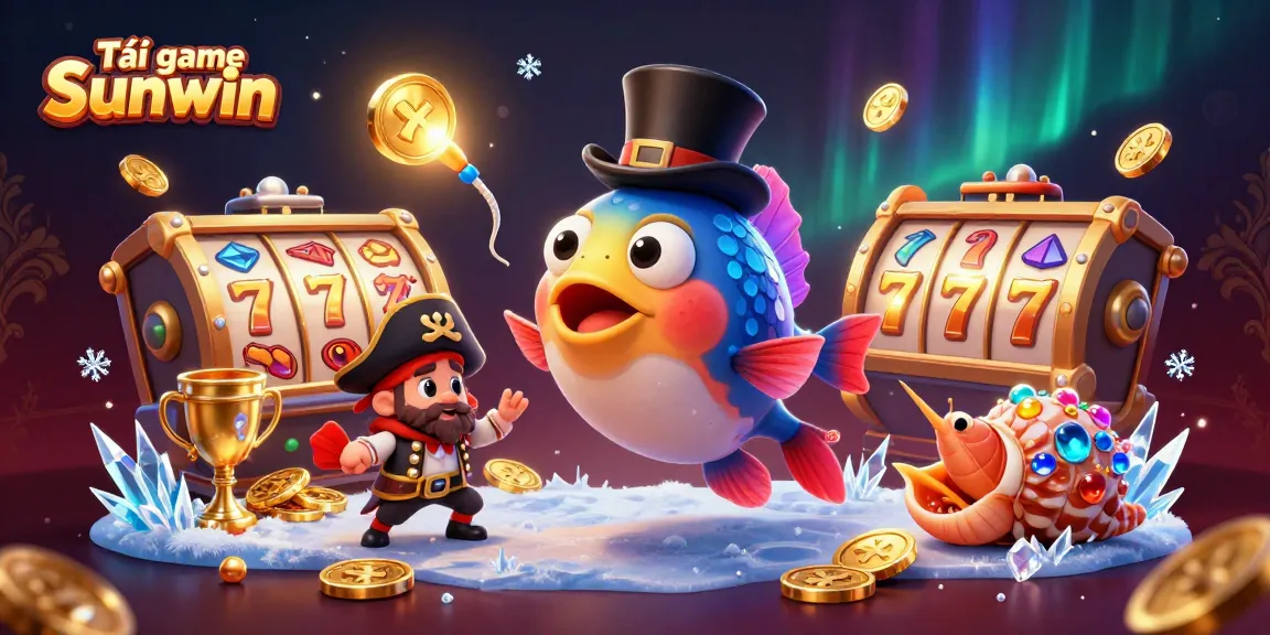 Tải game Sunwin with dazzling anglerfish and pirate shrimp amidst sparkling slot reels and golden coins.