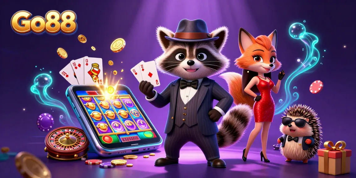 Engage with Go88, featuring a suave raccoon, a charming fox, and a bouncer in a vibrant casino scene.