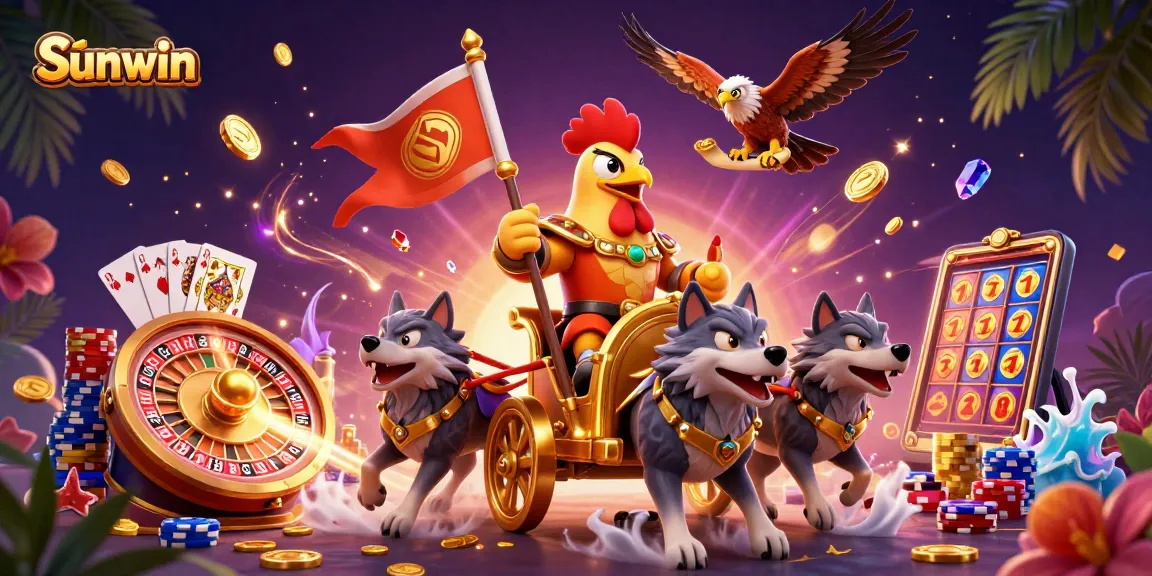 Experience epic gaming adventures with Sunwin in a vivid 3D casino scene full of gold coins and chips.
