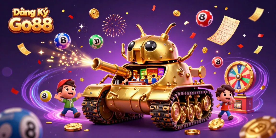 Engage in the excitement of Đăng Ký Go88 with our colorful casino-themed illustration featuring vibrant game elements and a unique beetle tank design.