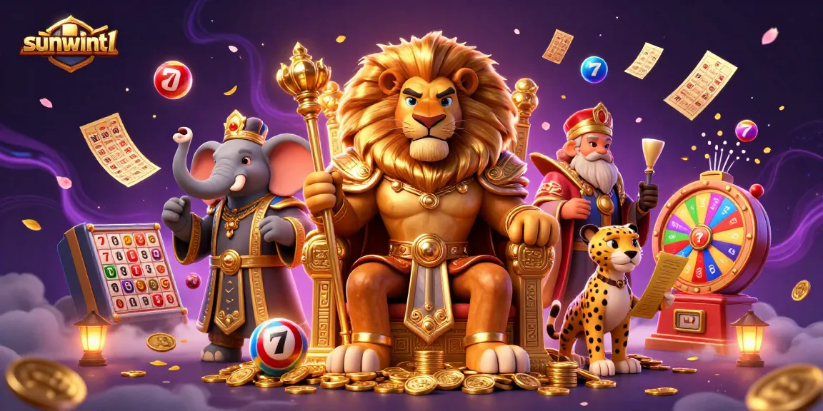 Engage with sunwint1 and experience a vibrant casino scene featuring a majestic lion king, magical lottery elements, and dynamic action.