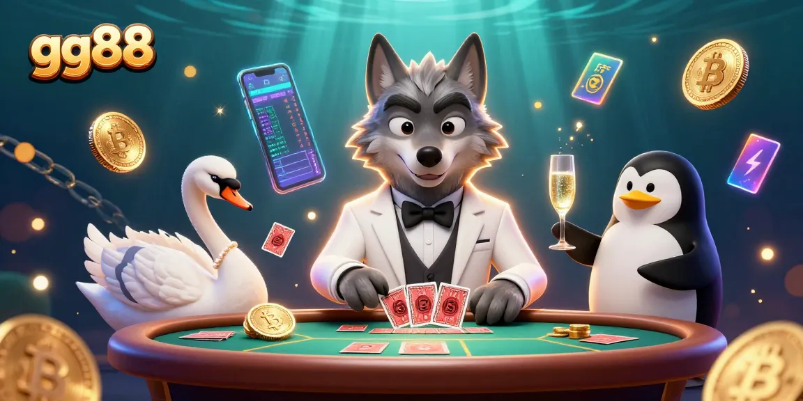 Experience the excitement of gambling with gg88 featuring a debonair wolf, elegant swan, and sophisticated penguin in a lavish scene.