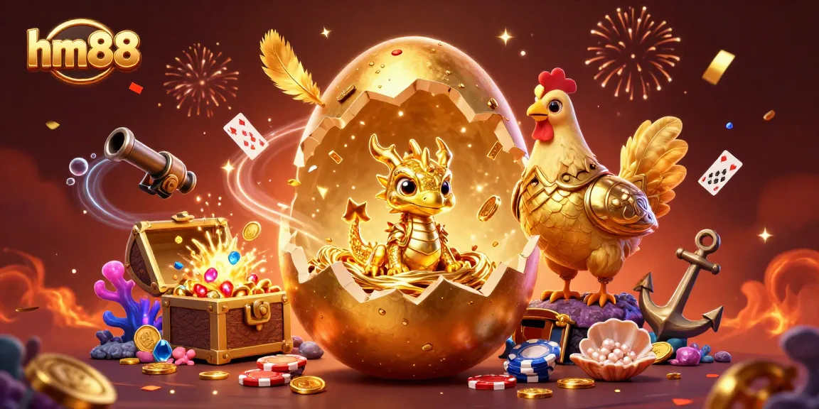 Experience thrilling gambling action at hm88 with a golden baby dragon guarding treasure and poker chips.