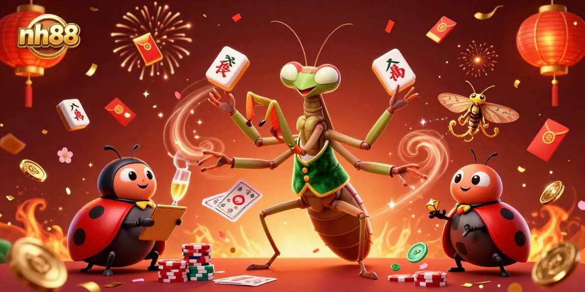 Experience excitement at nh88 with a giant praying mantis card sharp, ladybug pit boss, and colorful casino elements.