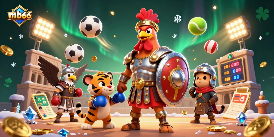 Engage in thrilling bets at mb66 with our vibrant 3D illustration of a rooster gladiator and sports elements.