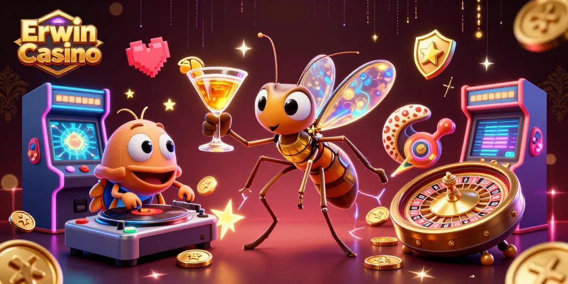 Erwin Casino bietet eine einzigartige 3D-Illustration von Casino-Charakteren mit Spielautomaten und Glücksrad.