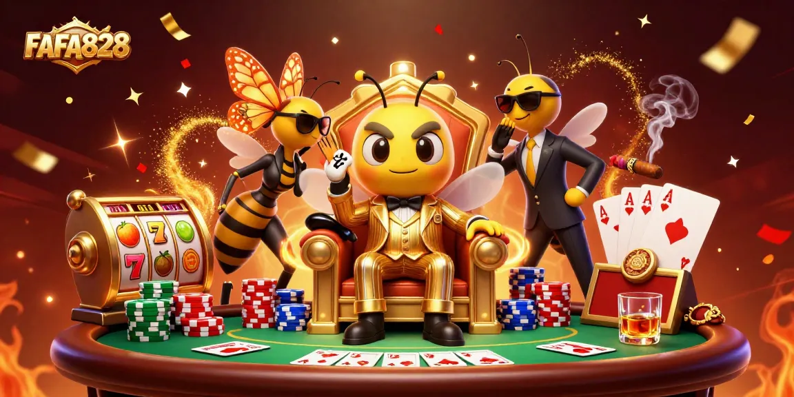 Engage in dynamic gameplay at FAFA828 with a captivating 3D scene of a bumblebee mob boss overseeing exciting slot reels and poker action.