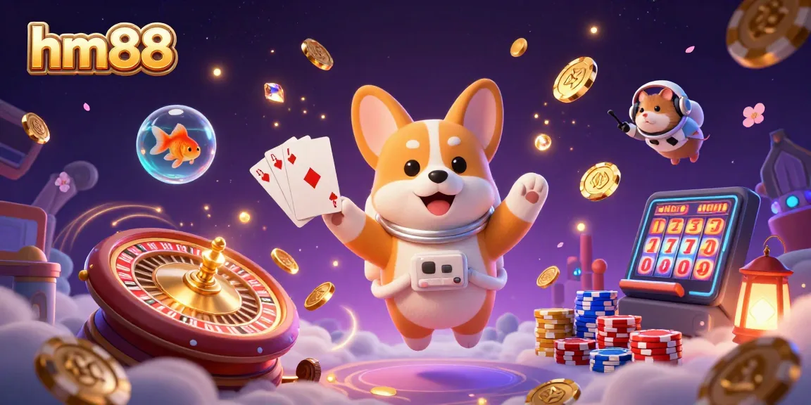 Experience thrilling moments at HM88 with vibrant games, poker, and casino fun in a colorful space scene.